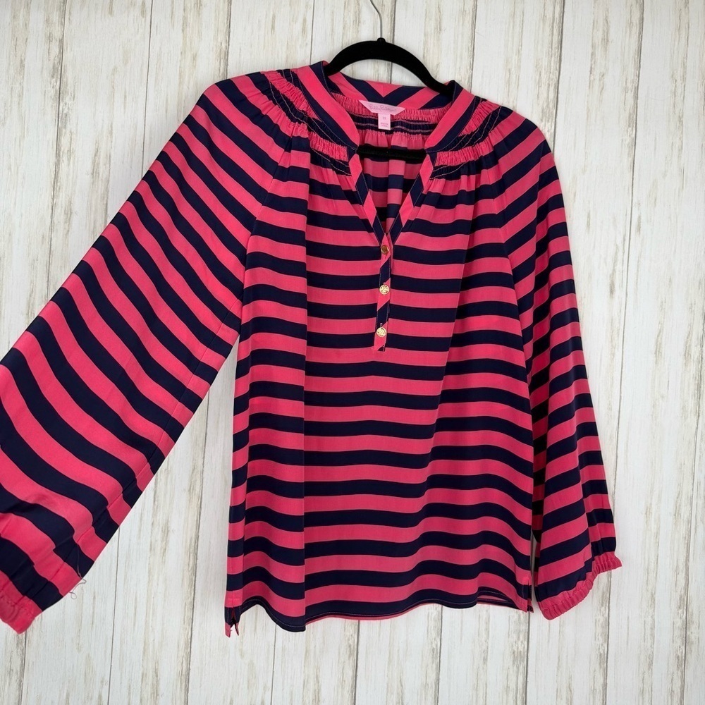 Lilly Pulitzer 100% silk Pink and Navy Striped Blouse XS